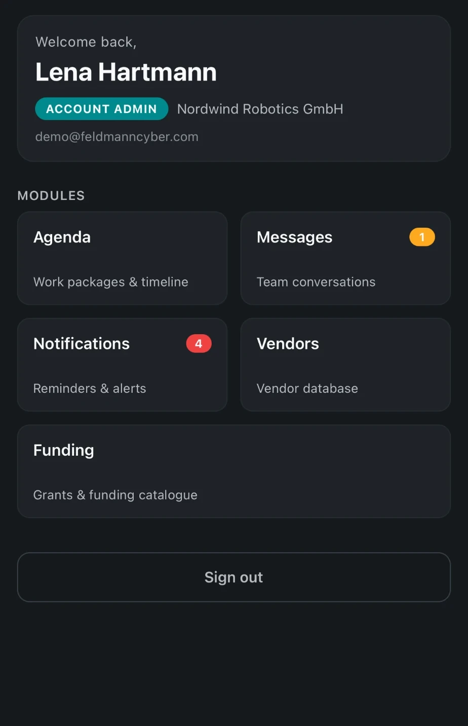 Startseite der FeldmannCyber App auf dem Smartphone mit den Modulen Agenda, Messages, Notifications, Vendors und Funding (Demodaten)