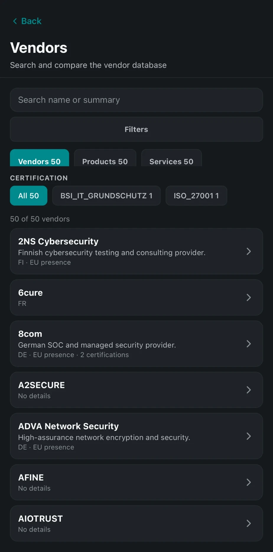 Anbieter-Datenbank in der FeldmannCyber App: Suche, Filter nach Anbietern, Produkten, Services und Zertifizierungen sowie eine Liste europäischer Cybersecurity-Anbieter mit Land