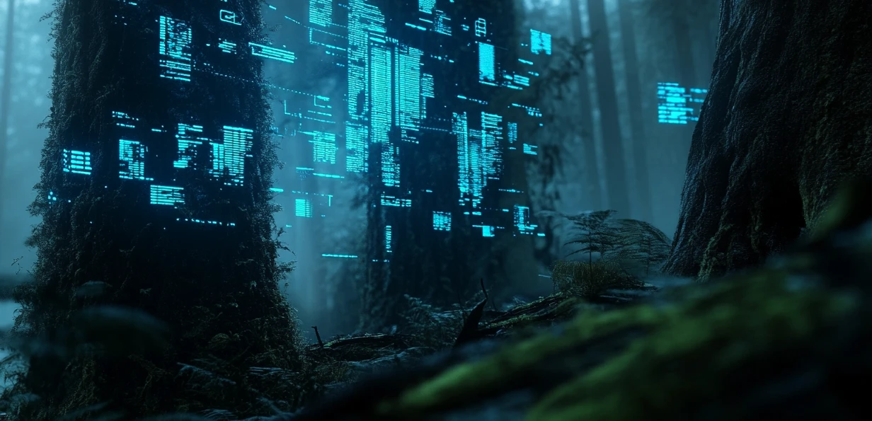 Nebliger Wald, in dem zwischen den Bäumen leuchtende Datenfenster schweben – ein Bild für den Cyberdschungel.