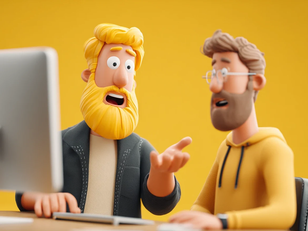 Illustration: zwei Kollegen sitzen gemeinsam am Computer und besprechen eine Aufgabe