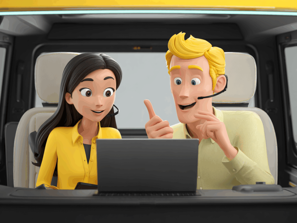 Two consultants in a car having a meeting, representing cybersecurity consulting in Germany